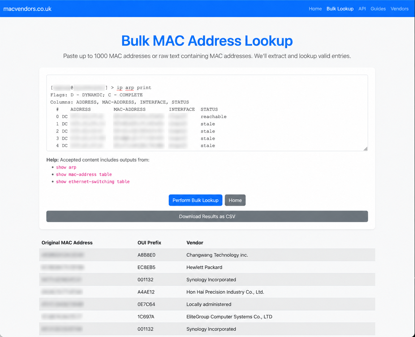 The bulk MAC address lookup processing network output with private addresses obscured and vendor results displayed.