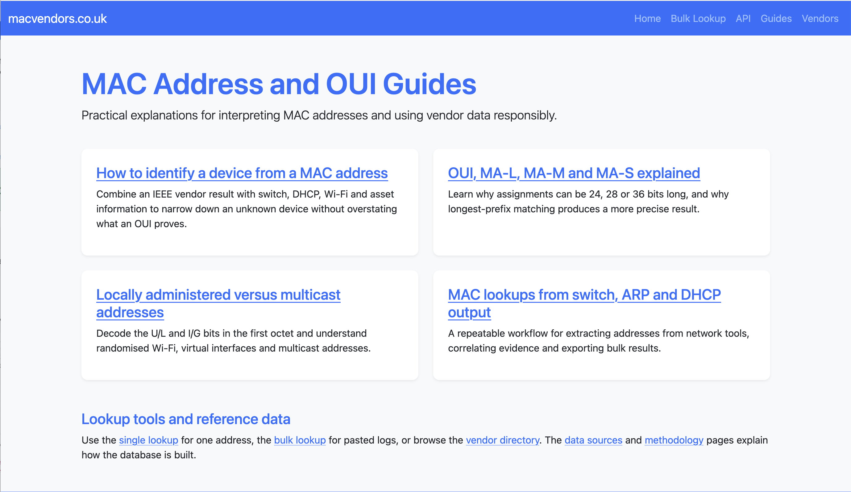 The macvendors.co.uk guide library covering device identification, IEEE assignment sizes, MAC address bits and network output.