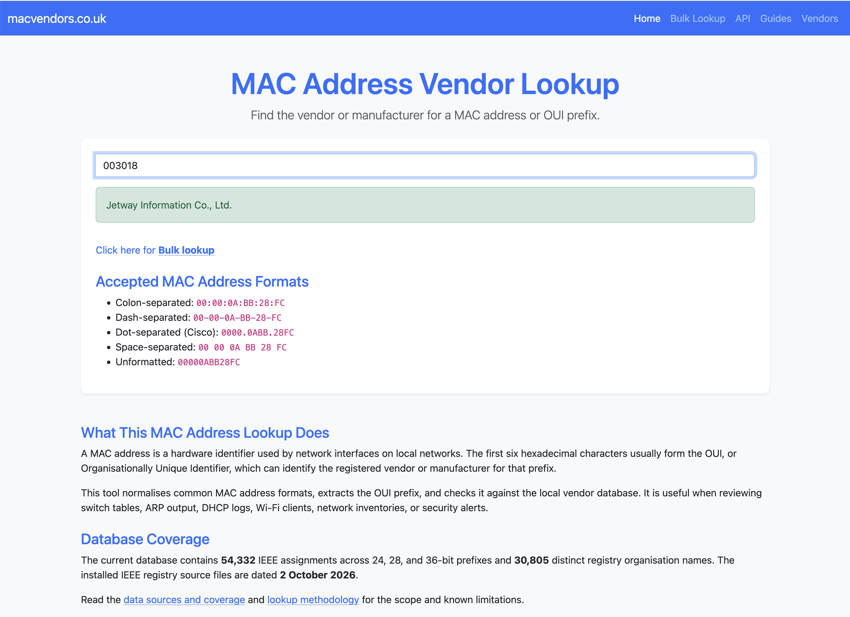 The macvendors.co.uk home page showing the MAC address lookup, supported formats and current IEEE database coverage.