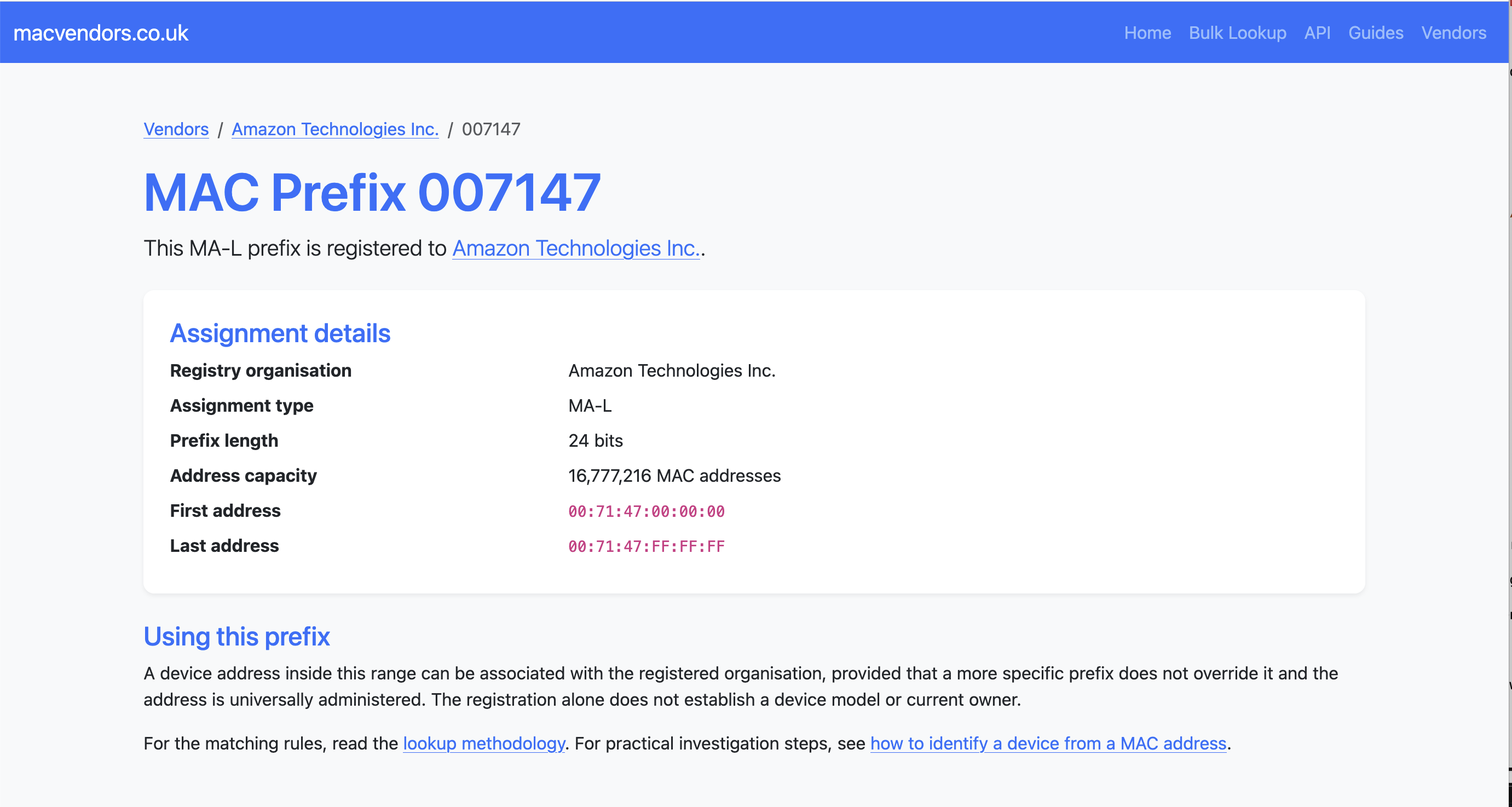 A MAC prefix detail page showing its registered organisation, MA-L assignment type, 24-bit length and address range.
