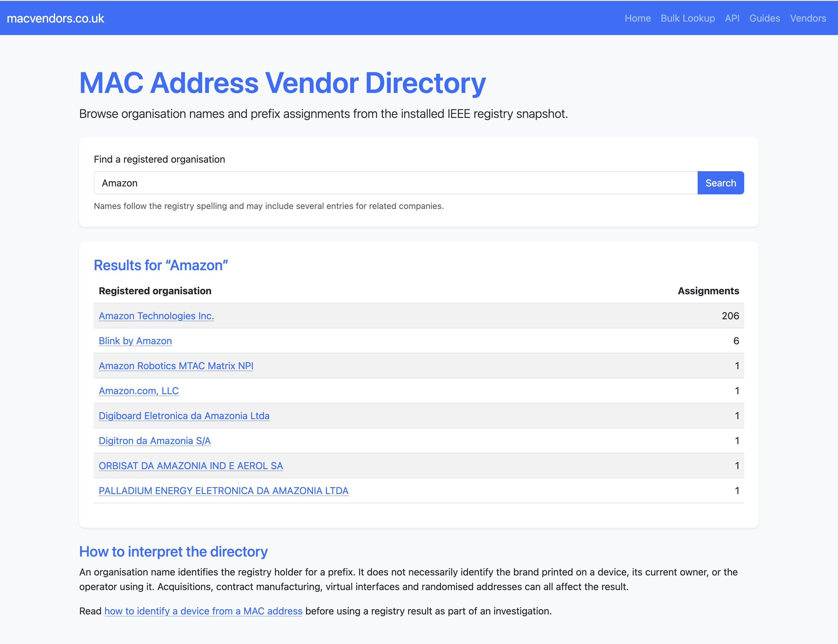 The macvendors.co.uk vendor directory showing search results for organisations containing the name Amazon.
